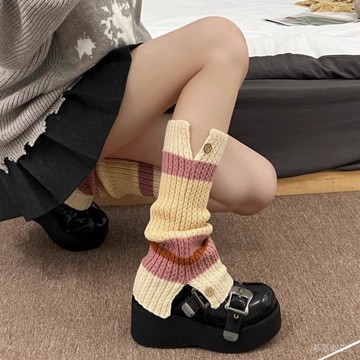 ✨可開發票#日係jk學生粉黃撞色條紋可愛百搭襪套鞦鼕針織紐扣保暖辣妹腿套女#免運