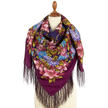 帕夫洛沃帕薩德俄羅斯披肩 100% 羊毛圍巾 125x125 公分 絲綢流蘇 款式1987-15