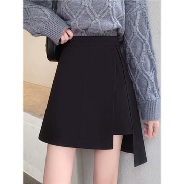 大碼不規則半身裙黑色西裝面料短裙女士秋冬季胖mm高腰包臀a字裙