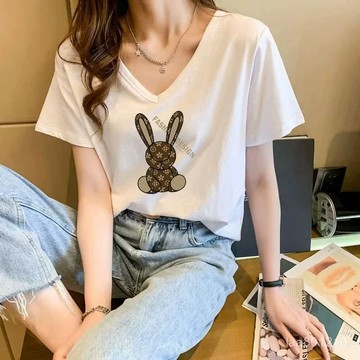 台灣现貨 印花短袖 夏季新款時尚純棉v領T恤女  大尺碼女裝 女t恤  韓版衣服 可愛上衣 t恤 短t 短袖 T恤女
