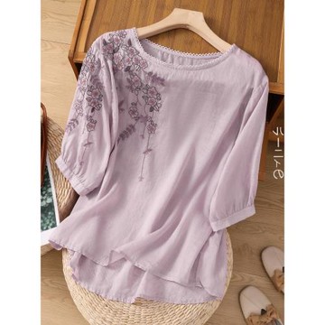 亞麻刺繡短袖T恤女夏季薄款純色休閑圓領花邊套頭衫顯瘦棉麻上衣