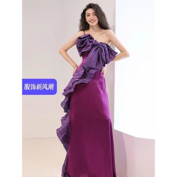 法式小眾晨袍2025新款緞面新娘高級感敬酒服訂婚晚禮服連衣裙紫色