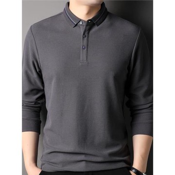 2025春秋季新款華夫格男翻領純色桑蠶絲長袖韓版寬松polo衫棉體恤