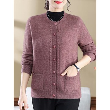 中老年女裝100%純山羊絨衫圓領針織衫秋冬短款外搭媽媽開衫毛衣女