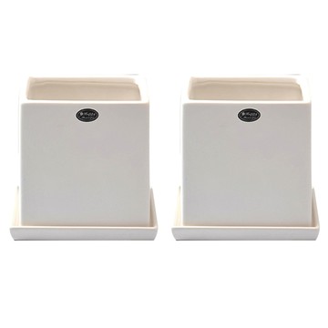 一個快樂的世界 無光澤 方形 花盆 2入 + 花盆底盤 2入 組  1組  白色的  中號(11 x 11 x 11 厘米)