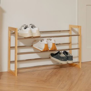 【H&R安室家】台製木紋三層堆疊可延伸鞋架 原木色 SH78B