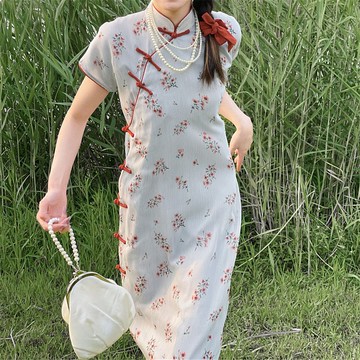 灰色條紋碎花 古法盤扣斜襟長款旗袍 中式中秋春節改良連身裙洋裝