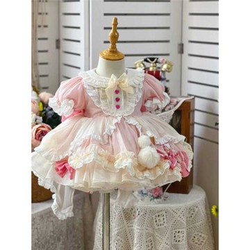 女童洛麗塔粉色蓬蓬公主裙周歲生日女寶寶禮服洋裝宮廷風連衣裙