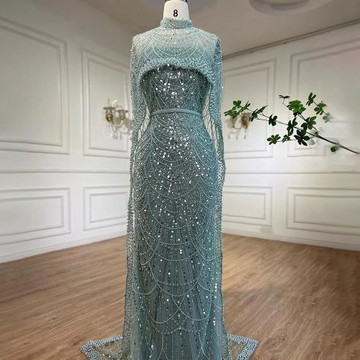 【女神婚紗禮服】輕奢高領珍珠披肩無袖後開叉小魚尾晚禮服LA72032鼠尾綠