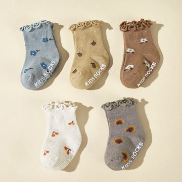 🔥熱銷 新品 兒童襪 夏季襪子 春夏季 五雙裝 嬰兒 木耳邊提花 中筒襪 點膠 防滑 地板襪 四季通用 短筒襪 可愛襪