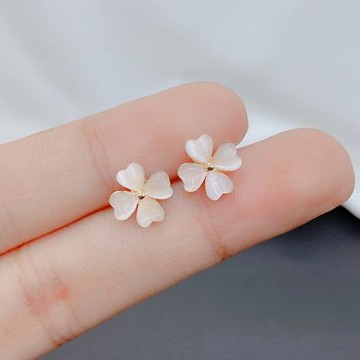 純銀針貓眼石四葉草耳環個性耳釘小眾耳夾簡約幸運草耳飾經典百搭