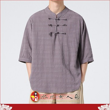 夏季新中式中國風立領男裝短袖唐裝上衣寬鬆休閒復古風格大碼男青年時尚必備襯衫-自在(灰色)-水水女人國