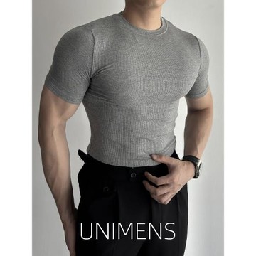 UNIMENS螺紋圓領短袖T恤男士夏季高級休閑修身健身彈力肌肉打底衫