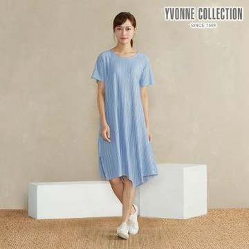 YVONNE 以旺傢飾 壓褶短袖洋裝-淺藍