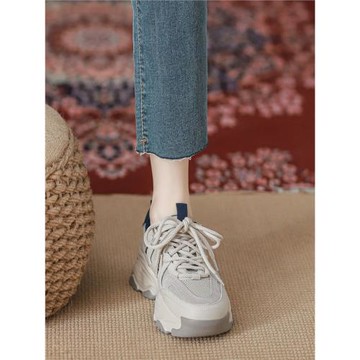 店主自留新款~真皮厚底老爹鞋女2025秋季網面透氣增高休閑運動鞋