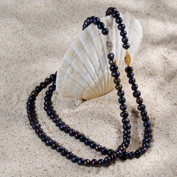 天然黑色淡水珍珠項鍊 6–7mm 金/銀鏤空扣 輕奢時尚 聖誕節禮物