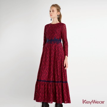 【KeyWear 奇威名品】氣質立體蕾絲花片長袖洋裝(共2色)