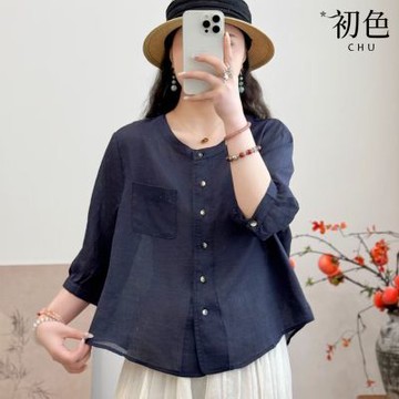 初色 棉麻風純色輕薄寬鬆圓領排扣休閒襯衫上衣女上衣-共7色-15280(M-3XL可選)