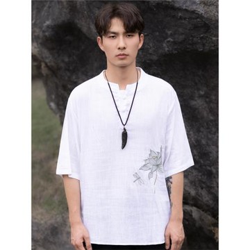 獨樓中國風盤扣短袖立領唐裝亞麻