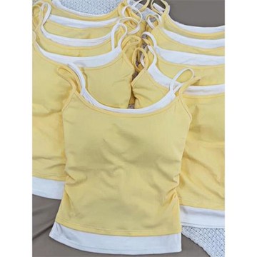 黃色修身假兩件絕美吊帶背心女夏季設計感外穿內搭帶胸墊無袖上衣