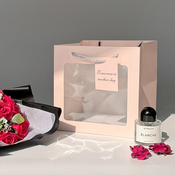 Leadhome 花束盆栽透明方窗手提袋  10個  中型  粉紅色