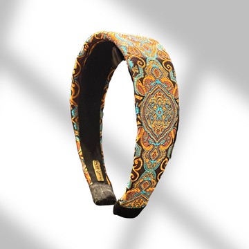 100%手作織錦緞髮箍-平寬版-橘褐藍-華麗圖騰