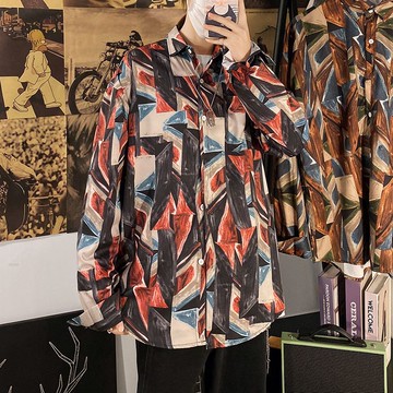 復古港風撞色百搭寬鬆長袖襯衫男 秋季新款休閒花襯衫上衣男