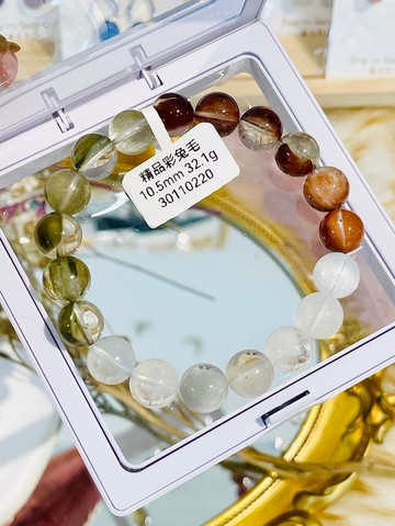 精品半盆帶銀藍灰稀有兔毛漸層彩兔水晶10.5mm32.1g水晶手珠