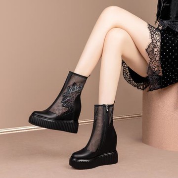 真皮圓頭側拉鏈短筒韓版高跟女靴