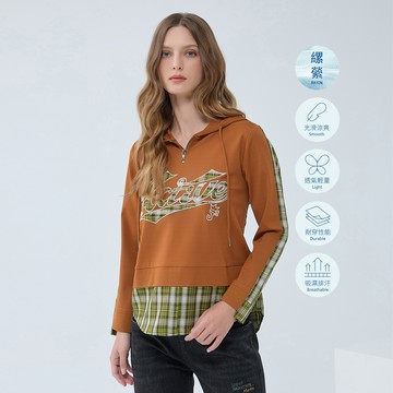 ILEY伊蕾 美式撞色格紋字母刺繡連帽上衣(咖色；M-XL)1233261002