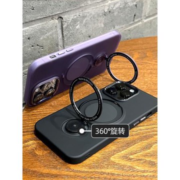 16新款17旋轉磁吸支架適用蘋果14promax手機殼磨砂iPhone15Pro隱形充電創意支點殼13高級感se防摔Plus女12por