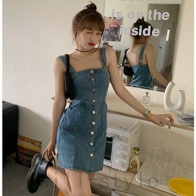 デニムキャミワンピースタイト韓国オルチャンストリートレトロ可愛い原宿系サロペットミニショート丈ジーンズ 通販 Lineポイント最大get Lineショッピング