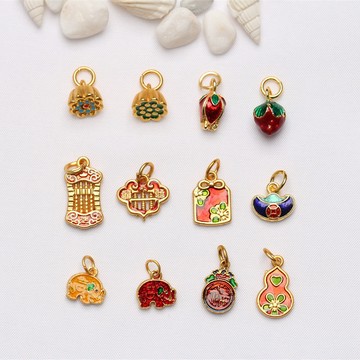 QR-（10pcs）燒藍吊墜琺琅彩手鍊項鍊diy配件手串沙金小掛件鈴鐺飾品復古風