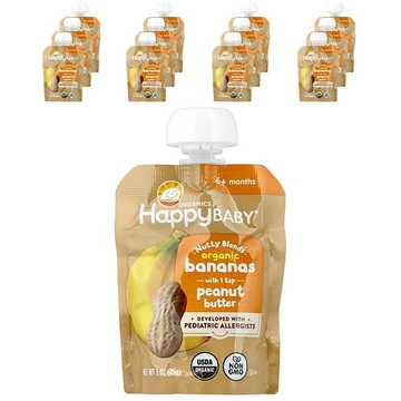 Happy Family Organics, Happy Baby®, Nutty Blends™, 6+ Months, Organic Bananas with 1 tsp Peanut Butter, 12 Pouches, 3 oz (85 g) Each