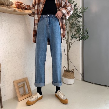 秋季新款牛仔褲女直筒寬松韓版chic高腰垂墜感卷邊闊腿長褲潮1入