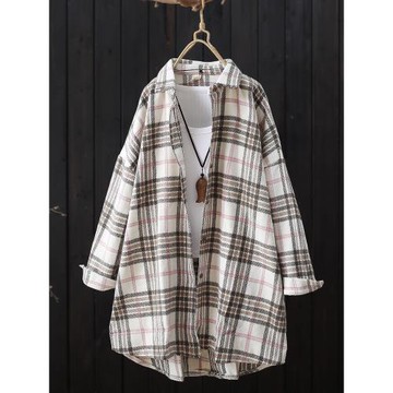 秋季2024年新品中長款加厚格子襯衫女落肩袖寬松開衫薄外套女上衣