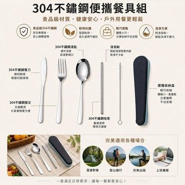 好拾選物 304不鏽鋼便攜餐具5件組｜刀叉湯匙吸管清潔刷 附收納盒｜露營旅行外食餐具