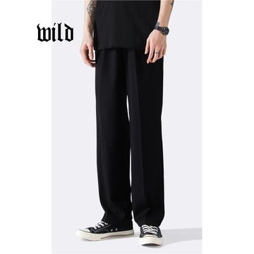 男士休閑西褲高級寬松直筒加厚垂感男式冬季加絨新款黑色潮牌長褲