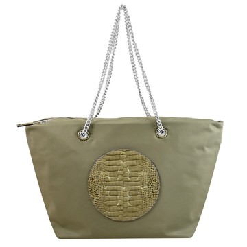 TORY BURCH 169386 Ella 鱷魚紋尼龍鏈條肩帶托特包.卡其綠
