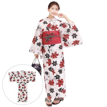 日本 和服 女性 兩件式 浴衣 腰封 套組 F size x14h-26