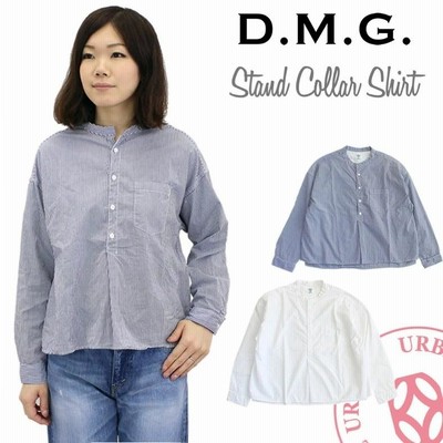 ノーカラーシャツ ドミンゴ DMG D.M.G コットンタイプライタースタンドカラーシャツ 白 ネイビー ストライプ 長袖 トップス プルオーバー レディース ノーカラーシャツ ドミンゴ DMG D.M.G コットンタイプライター