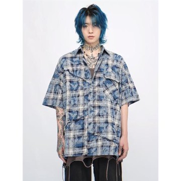Mz 美式高街扎染分割拼接格子短袖襯衫男潮牌設計感小眾痞帥襯衣