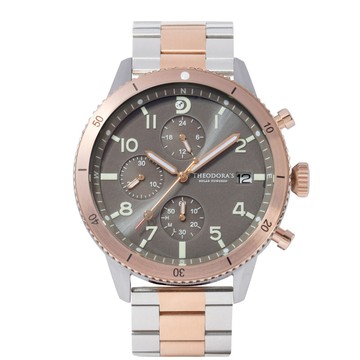 Discovery 探索自然 太陽能夜光潛水三眼腕錶 沙漠灰-鋼鍊帶雙色玫金銀