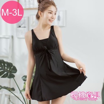 Cherry baby甜心。中大碼 背心式顯瘦連身褲裙泳裝(黑色)