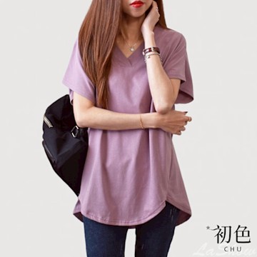 初色 簡約素色V領寬鬆大碼遮肉顯瘦弧形下擺短袖T恤上衣-共6色-11206(F可選)