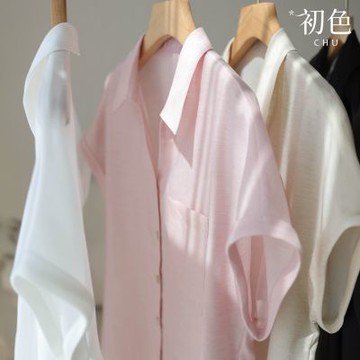 初色 純色輕薄透氣寬鬆翻領短袖襯衫上衣女上衣-粉紅色-37669(M-2XL可選)