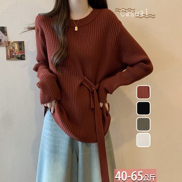 針織圓領純色側釦繫帶收腰上衣(4色) F【954408X】【現+預】☆流行前線☆