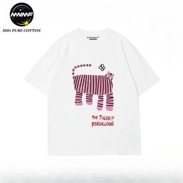 【MNMF】 粉紅老虎卡通印花T恤 女生半袖上衣 夏天多巴胺衣服 100%純棉 寬鬆 男士T恤 短T 短踢 上衣女 夏裝
