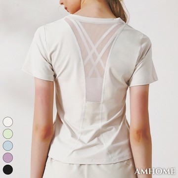 【Amhome】休閒運動短袖T恤夏季薄款瑜伽服圓領修身顯瘦跑步網紗拼接健身短版上衣# 117354(現貨+預購)