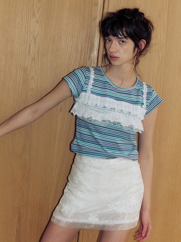 Stripe Lace up T-Shirts [Blue]